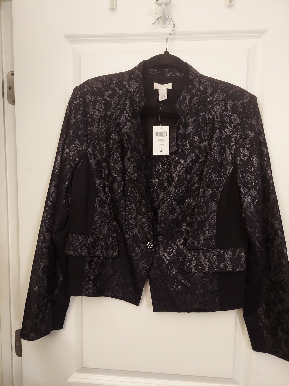 NnWT Chico's Black Metallic Lace-Pattern Cropped Blazer